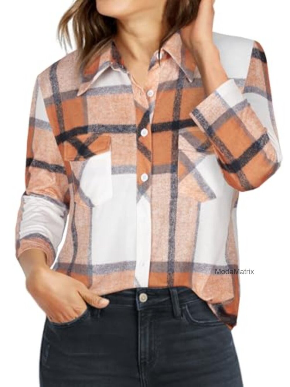 Ninedaily Plaid Button Down Blouse 3/4 Sleeve Collared Tunic Top